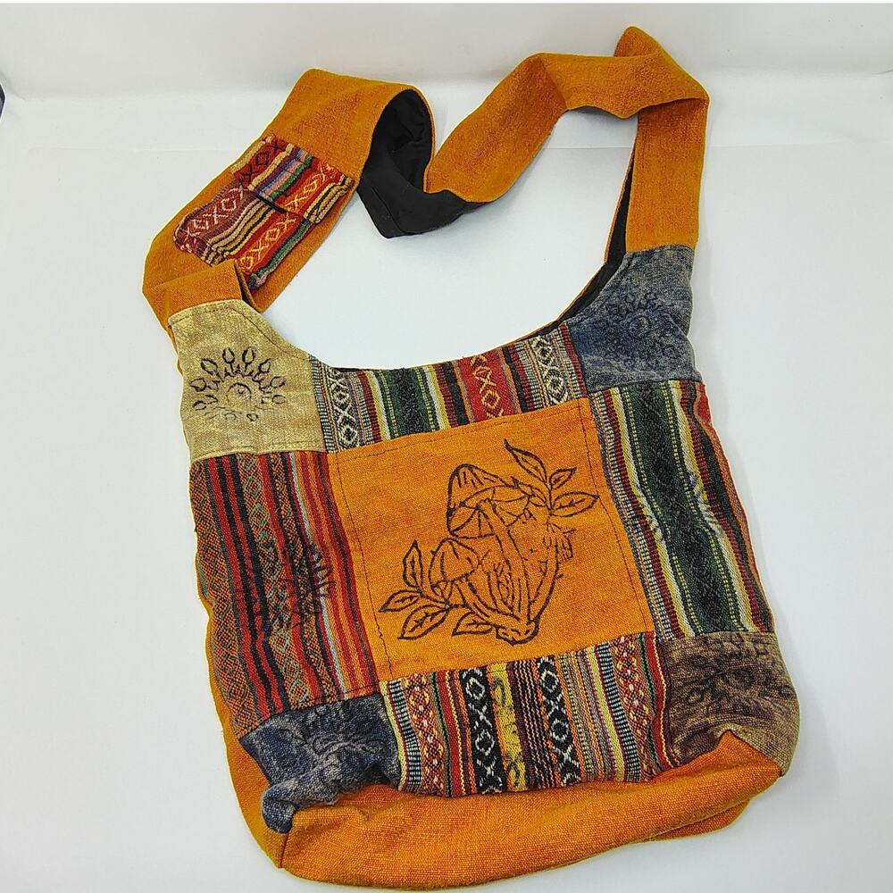 Karma Nepal Craft Shoulder Bag Tote Cotton Mushroom Patchwork Gheri Woven Hippie - Picture 2 of 12
